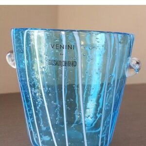 Art Glass Murano Venine Disaronno Blown Glass Ice Bucket Blue/White Stripes